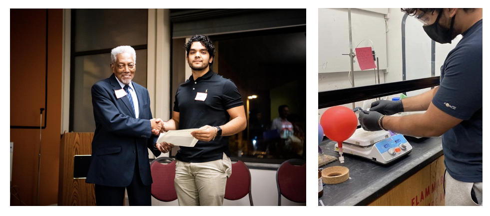 Two pictures of Juan. One is a picture of him shaking hands with another man, as if he had just received a scholarship or award. The other is a picture of him in the lab. He is filling a balloon with a gas.  